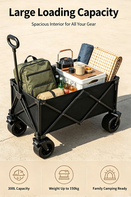 Collapsible Heavy‑Duty Camping Wagon Cart, Foldable Utility Trolley with All‑Terrain Wheels for Outdoor Picnic Beach