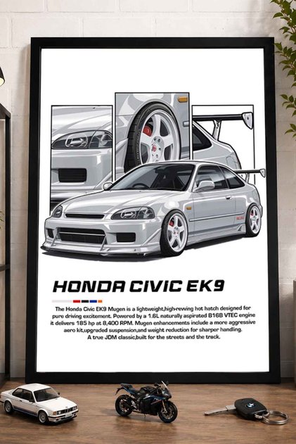 Beyaz Honda Civic EK9 Mugen / B16B VTEC Type R JDM İllüstrasyon Siyah Çerçeveli Poster