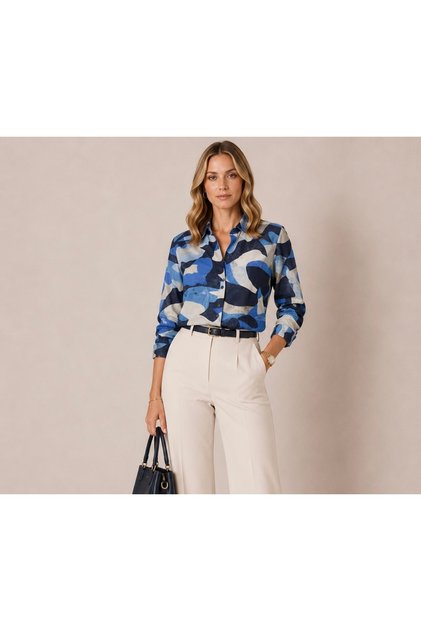 Women's Navy Blue Viscose Patterned Long Sleeve Buttoned Colored Shirt