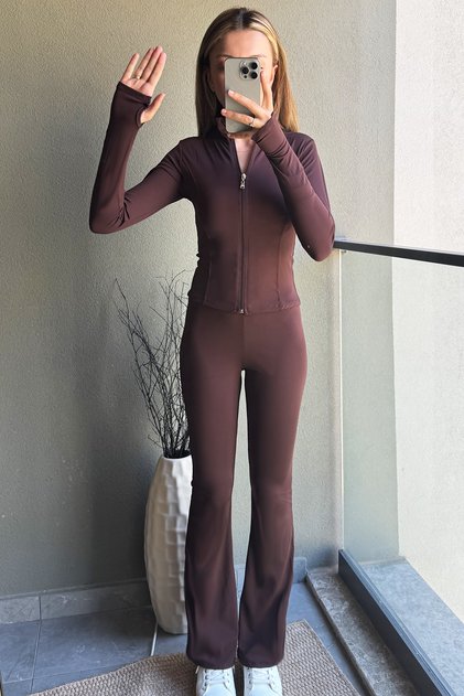 Combo Kahverengi Kadın Uzun Kollu Fermuarlı Basic Slim Fit İspanyol Paça Yoga Pilates Fitness Spor Salonu Günlük Kullanım 2’li Alt Üst Spor Takım