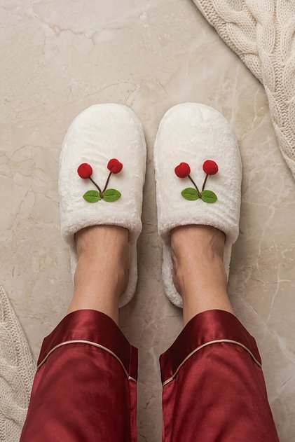 Plush Women's House Slippers with Cherry Detail - Cute Design Warm Room Slippers