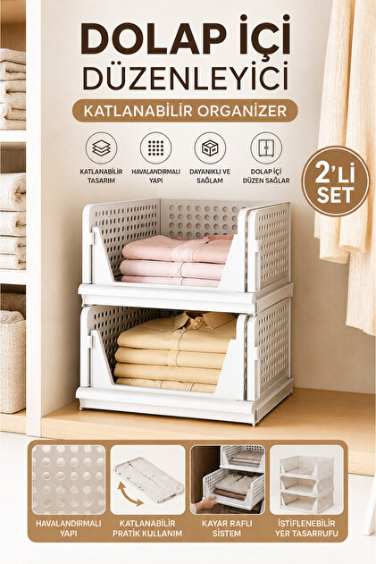 2-Pack Closet Organizer - Foldable Sliding Shelf Stackable Clothing Organizer