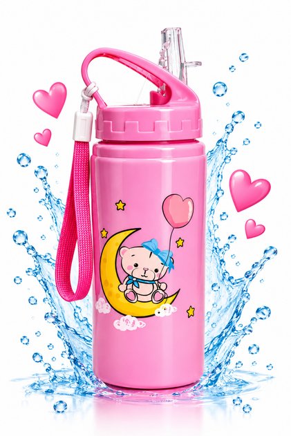 500 ml Aluminum Children's Water Bottle with Straw, Leak-Proof Lid and Strap, School Water Bottle