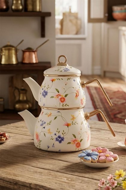 Renkli Çiçekli 201372 Emaye Çaydanlık Takımı – Vintage Nostaljik Çaydanlık, Emaye Demlik