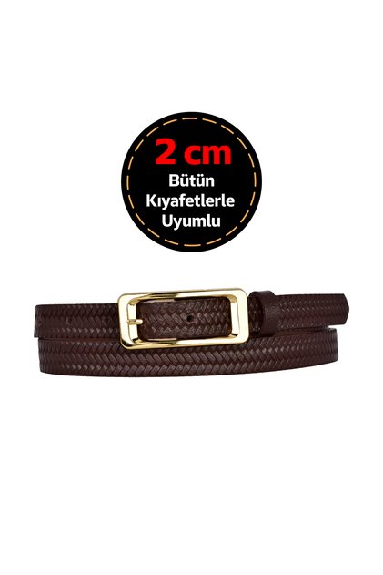 100% Genuine Leather, 2 cm Dark Brown Knitted Patterned Women's Belt with Gold Color Buckle; Dress, Trouser Belt