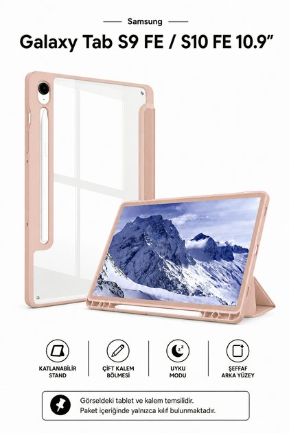 Samsung Galaxy Tab S9 FE/S10 FE/S10 Lite Kılıf Kalem Bölmeli Standlı Trifolding Smart Uyku Modlu Kapak Şeffaf Arka Kapak