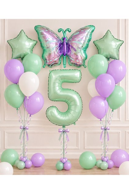 Party 5 Year Old Balloon Set Butterfly Themed Mint Lilac Birthday Decoration Number Foil Balloon Party Decor