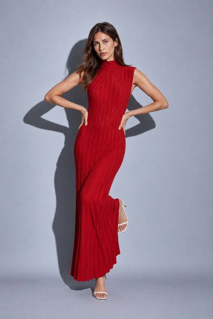 Red Viscose Blended Ribbed Knit Dress