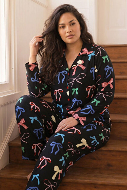 Black Patterned Thermal Fabric Ultra Soft Plus Size Oversized Buttoned Knitted Pajama Set