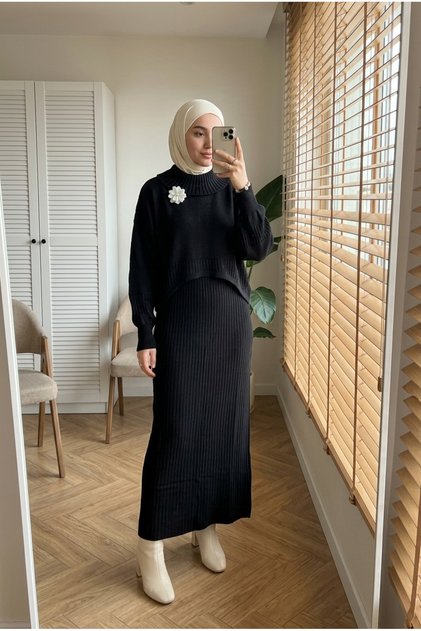 Women's Ribbed Long Knitwear Jile Dress and Sweater Two-Piece Set Hijab