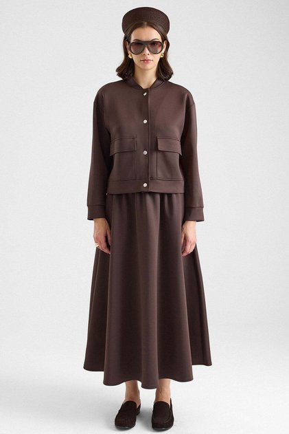 Torba Pocket Detailed Jacket Skirt Double Scuba Set Brown 9469-Tk
