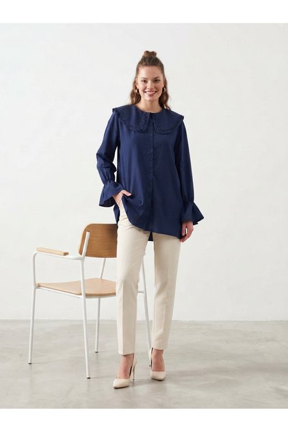 Women's Collar Ruffled Long Sleeve Shirt Navy Blue