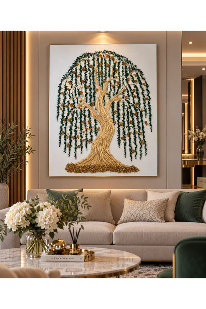 El Yapımı Ham Doğal Taşlı 3D Söğüt Ağacı Duvar Tablosu – 100 × 80 cm
