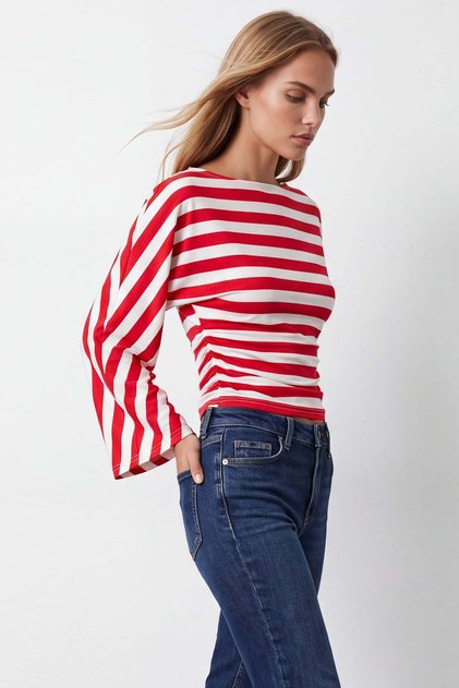 Women's Red Boat Neck Gathered Waist Thick Striped Draped Knitted Blouse Alc-X15727