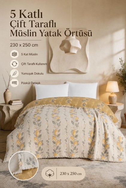 5 Katlı Müslin Çift Taraflı %100 Pamuk Yatak Örtüsü 230x250 cm