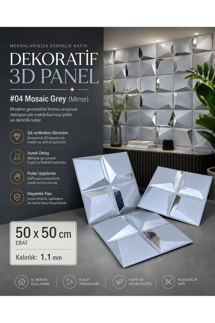 MOSAİC AYNALI 3D DUVAR PANELİ BOYANABİLİR ( ÖLÇÜ : 50*50 cm / 4 adet: 1 m2)