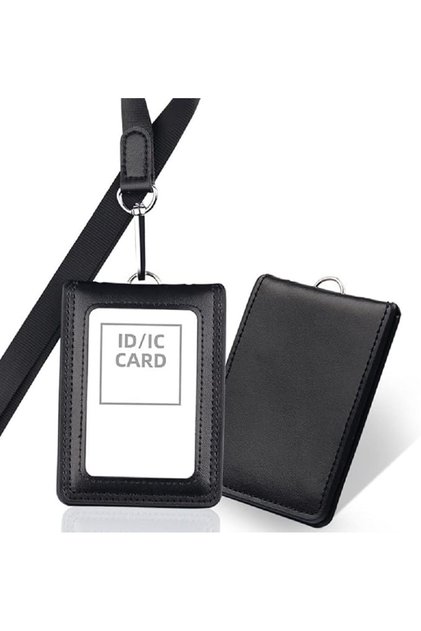ID Card Holder with Lanyard, Foldable PU Leather Vertical Badge Holder with Clear ID Window & 4 Card