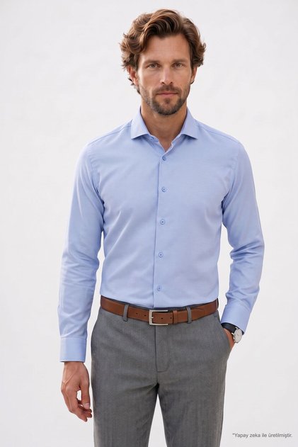 Men's Regular Fit Comfortable Cut Long Sleeve Cotton Easy-Iron Dobby Blue Shirt