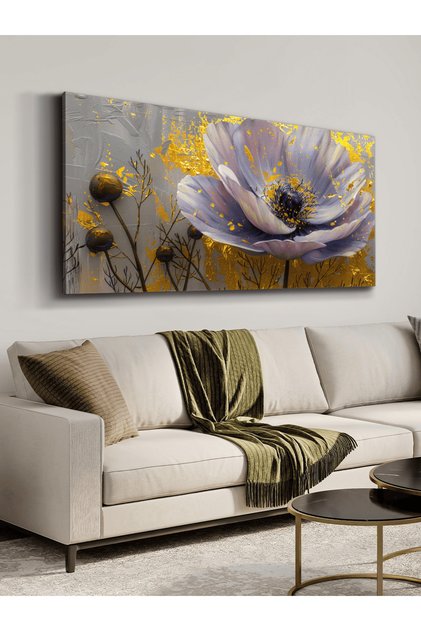 Çiçek Gold Arkaplan Tek Parça Kanvas - Canvas Tablo