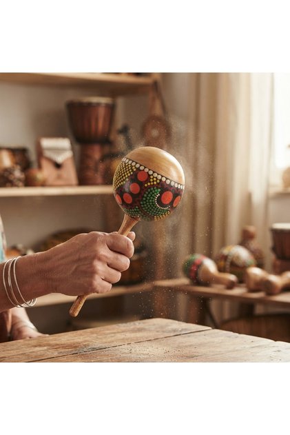 Hediyelik Etnik Desenli El Boyamalı Ahşap Saplı Doğal Marakas / Ritim Enstrümanı (27 cm)