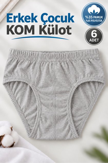 Boy's Kom Underpants 35% Cotton 65% Polyester 0037 (Seher Authorized Seller) 6 Pieces - Gray