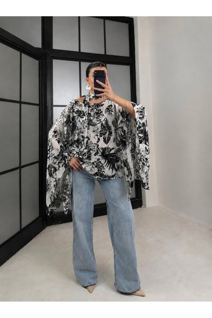 Women's Black Patterned Asymmetrical Cape Blouse with Scarf