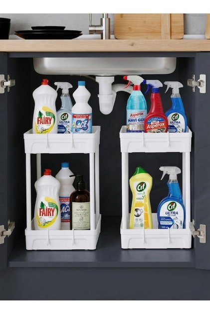 XL Rafata Multi-Purpose Wide 2-Tier Bathroom Organizer, In-Cabinet Organizer, Under-Sink Organizer, Hanging Shelf, Detergent Holder