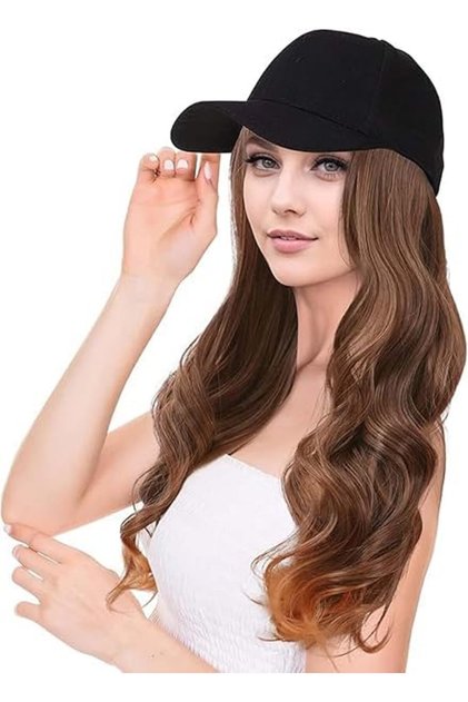 Baseball Cap with Hair Extensions, Synthetic Wig Hat for Women Girls, Long Natural Wave Hairstyle, Heat Resistant Fiber, Adjustable UV Protection Brim, for Daily Outdoor Parties Travel Use