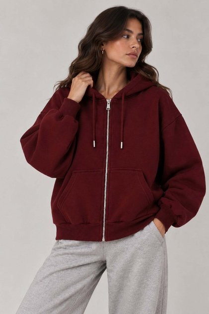 1048 women's zip-up hooded kangaroo pocket 3-thread cotton sweatshirt - burgundy