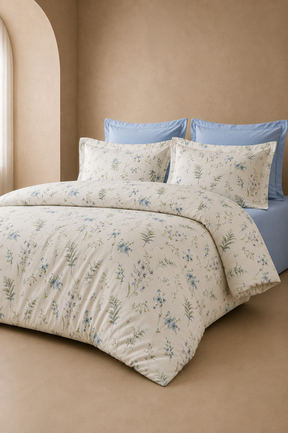 Mavi Çiçekli %100 Pamuk King Size 220x240 Nevresim Takımı | 180x200x30 Lastikli Çarşaf + 4 Yastık