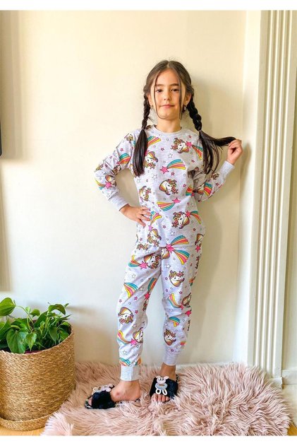 Kız Çocuk Bisiklet Yaka Manşetli Pijama Takımı