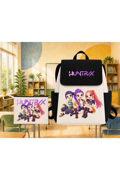 Huntrix College Model Side Pocket Cotton Premium Printed School Backpack Pen Holder Set
