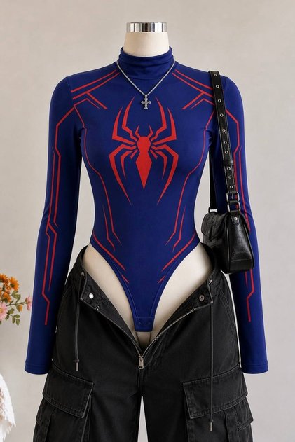 Spin Navy Blue Spider Digital Printed High Collar Long Sleeve Snap Fastener Detailed Bodysuit