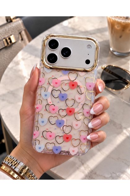 iPhone 17 Pro Max Compatible Transparent Patterned Case with Gold Camera Frame and Magsafe Support
