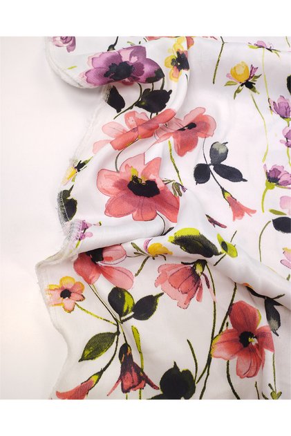 Ecru with Multi-Colored Floral Pattern, Flowing Satin Viscose Fabric for Dresses & Skirts, Width: 120cm