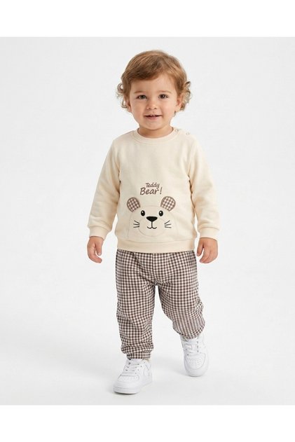 Baby Boy Seasonal Plaid Pants with Teddy Bear Embroidery 9-12-18-24-36 Months 2 Thread Baby Set