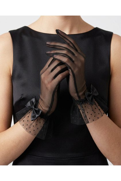 Black Polka Dot and Bow Detailed Tulle Short Women's Gloves – Accessory for Wedding, Engagement, Henna Night, Prom, Event, Party, Costume, Graduation, Bachelorette, and Photo Shoot