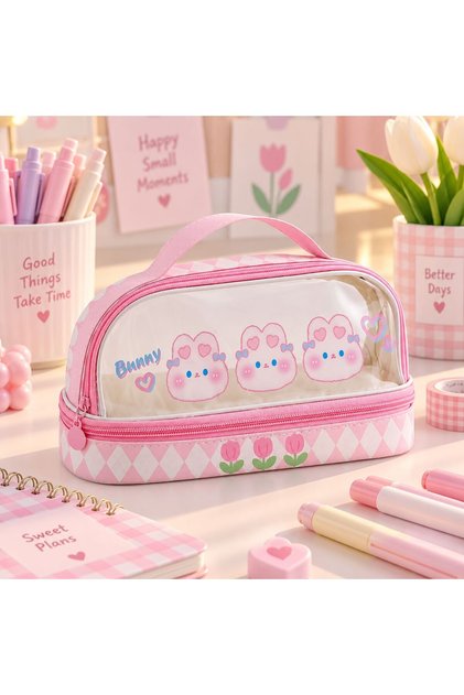Geniş Hacimli Fermuarlı Kawaii Şeffaf Suya Dayanıklı Kalemlik Kulplu Kalem Kutusu Kolay Temizlenebilir Ekose Desenli Tavşanlı Kedili Ayıcıklı Çocuk Kalemliği Çantas