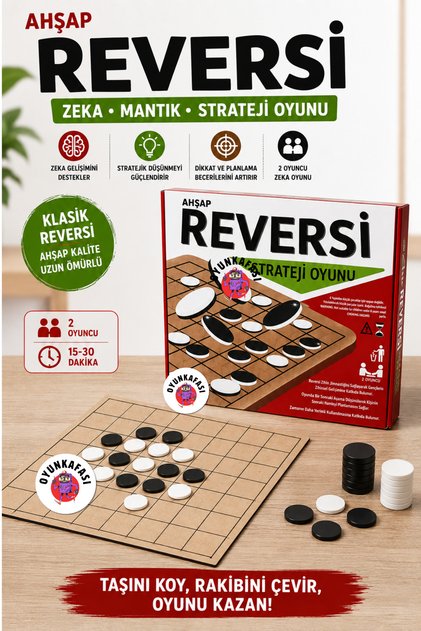Ahşap Reversi Zeka Mantık ve Strateji Oyunu 2 Kişilik Siyah Beyaz Taşlı Akıl Oyunu
