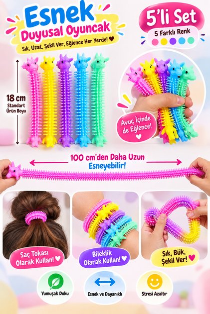 5’li Esnek Oyuncak Uzayabilen Sıkılabilir Anti Stres Tırtıl – 18 cm, 100 cm+