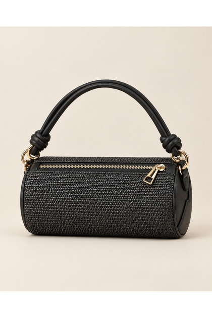 Women's Black Cylinder Model Adjustable Double Strap Hand and Shoulder Bag