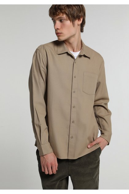 Regular Fit Shirt Neck Plain Men's Brown Long Sleeve Shirt