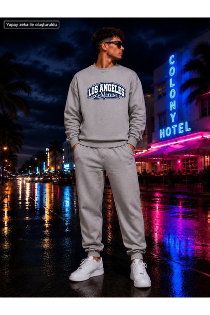 Losangeles Printed Crew Neck 2-Thread Raster Fabric Tracksuit Set