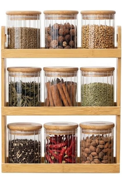 3-Tier Bamboo Spice Rack Organizer with 9 Fluted Glass Airtight Canisters & Lids, Vertical Countertop Storage Shelf for Spices, Herbs, Seasonings, Dry Goods and Kitchen Pantry Organization