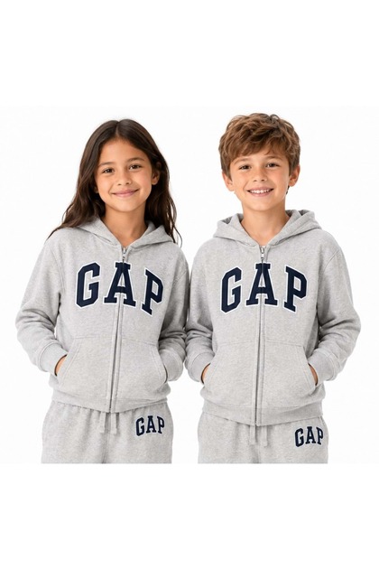 V-Bas Heritage Logo Printed Hooded Kids Sweatshirt Gray
