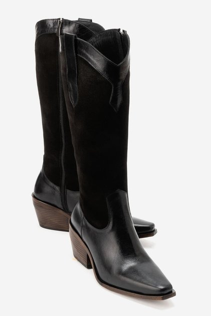 Yalfin Women's Genuine Leather Western / Cowboy Boots Black Rabat-Black Suede