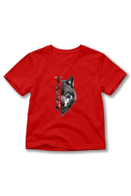 Children's Turkish Written Wolf Printed T-Shirt – Gray Wolf Themed Short Sleeve Crew Neck T-Shirt