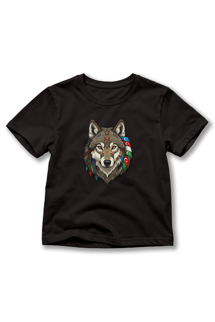 Children's Wolf Printed T-Shirt – Turkish World Flag Detailed Gray Wolf Themed Short Sleeve T-Shirt