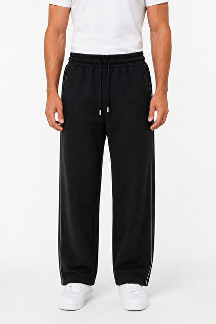 Men's Baggy Black Sweatpants Winter Style with Side Piping and Zipper Pockets