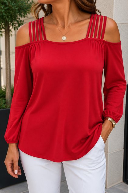 Elegant Women's Off-Shoulder Multi-Strap Detailed Long Sleeve Viscose Blouse